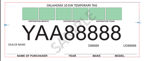 Temp Tags 10 DAY (Full Size) ( Car Size)  12"x6"  Sold in increments of 15